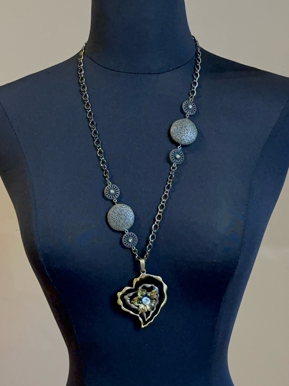 Mixed Media Heart & Flower Statement Necklace – Lava Stone Accents